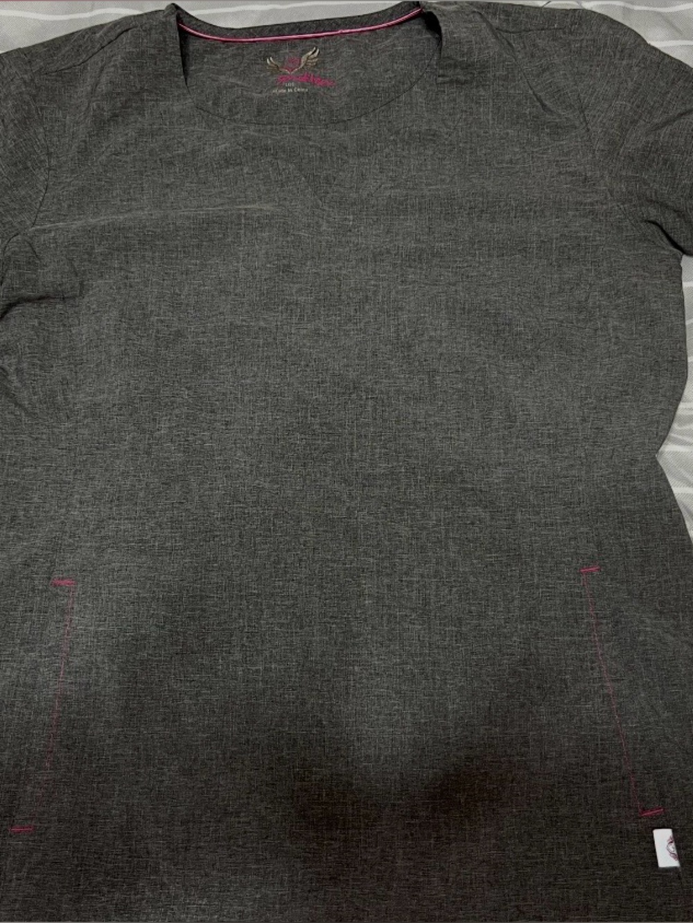 smitten Dark Gray Knit Scoop Neck Top with Pink Trim